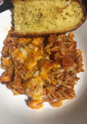 A picture of Tomato, onion and tuna pasta bake.