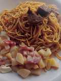 Jollof spaghetti with beef and potato salad