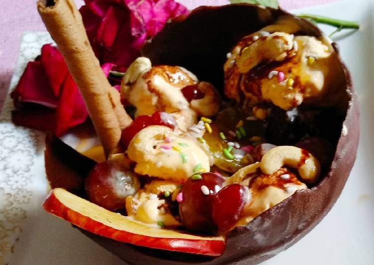 Chocolate bowl with fruits and nuts and Icecream