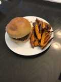 Sweet Thai chili burgers with ginger scallion aioli,crispy onions & sweet potato wedges
