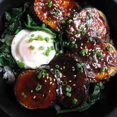 A picture of Eggplant & Egg Rice Bowl.