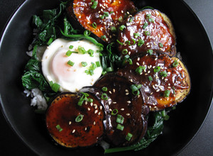 A picture of Eggplant & Egg Rice Bowl.