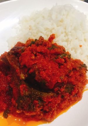 A picture of Palm oil stew and boiled rice.