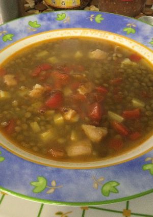 A picture of Lentils with Bacon, Potatoes, and Bell Pepper.
