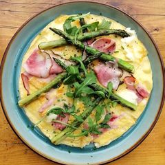 A picture of Baked Omelette with Ham, Langres Cheese and Grilled Asparagus.
