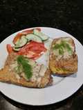 Brad's cheesy corn fried cod w/ pickled cucumber & tomato salad