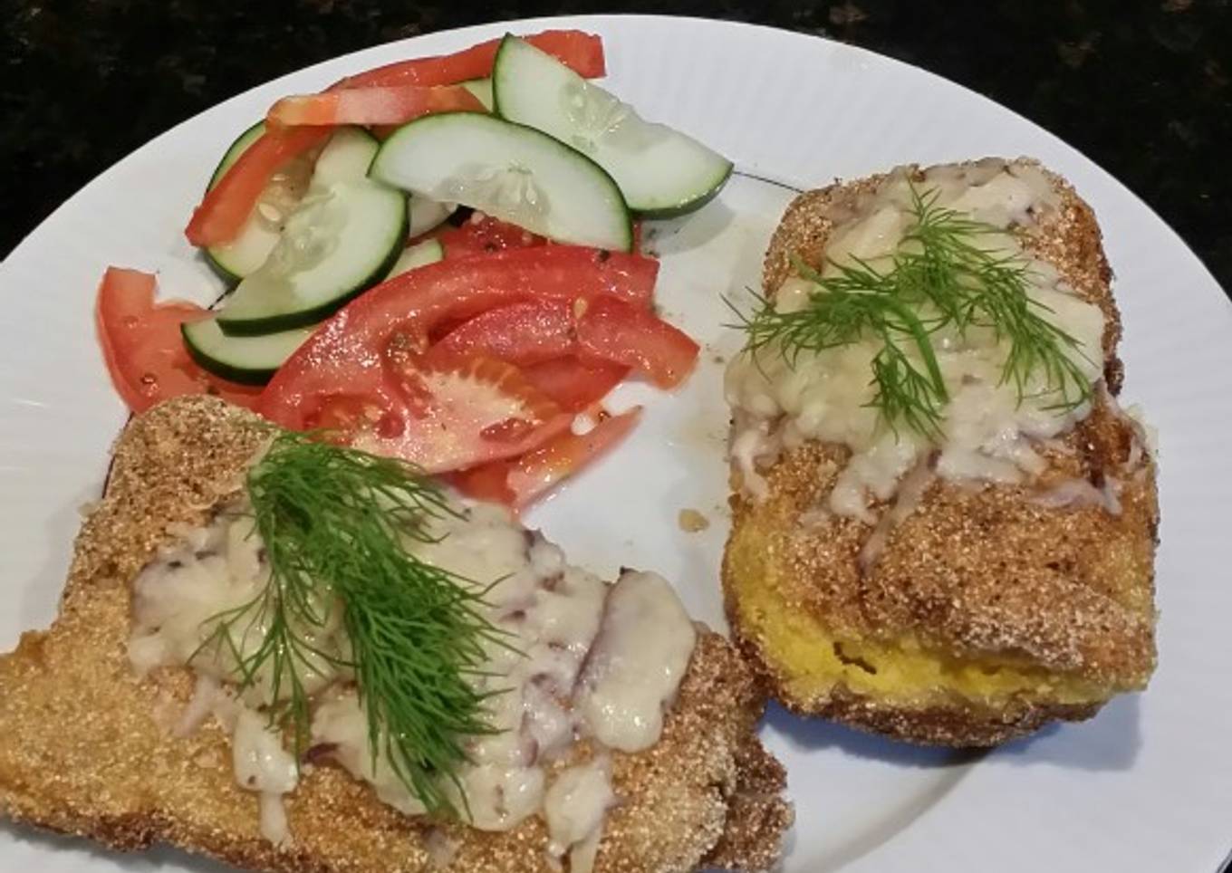 Brad's cheesy corn fried cod w/ pickled cucumber & tomato salad