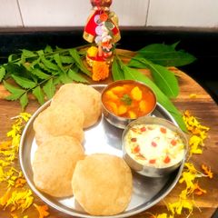 A picture of Tutti Frutti Dryfruits Kesar Shrikhand - Puri With Rasedar Aloo Sabzi - Gudi Padwa /Ugadi Special.