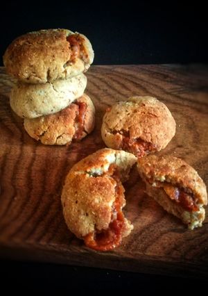 A picture of Jaggery filled rice flour cookies.