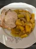Rôti de porc thym, échalotes et aux pommes de terre