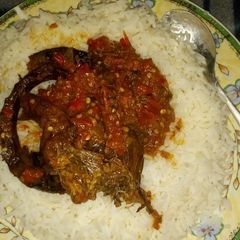 Rice and eja dudu stew A picture of Rice and eja dudu stew.