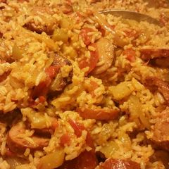 A picture of Mirliton (Chayote) and Sausage.