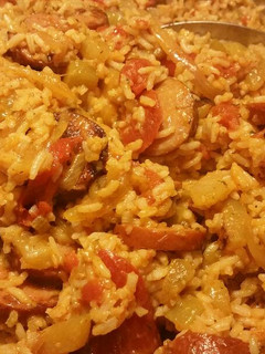 A picture of Mirliton (Chayote) and Sausage.