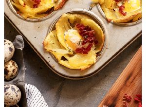Foto principal de Cestas de patata huevos codorniz y salchichón ibérico
