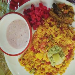 Vegtable Pulao,bundi raita,amla chutney aur beetrot radish salad A picture of Vegtable Pulao,bundi raita,amla chutney aur beetrot radish salad.