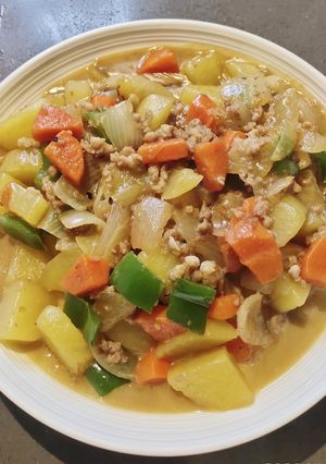 A picture of Potato, Carrot, and Pork Stir-Fry.