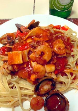 Una foto de Linguini en salsa de mariscos