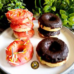 A picture of No knead baked donuts with 2 different glaze.