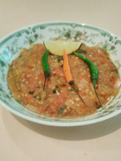 A picture of Begun bhorta/mashed eggplant/bringal bhorta.
