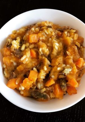 Une photo de Risotto potimarron confit de canard