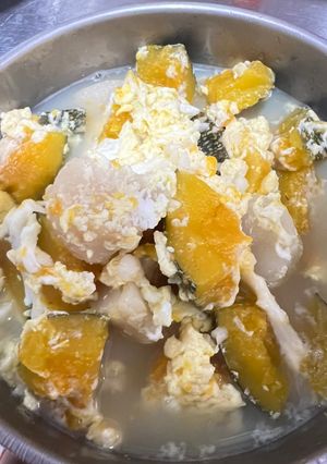 #入秋補 南瓜干貝雞蛋料理(無油料理) 的食譜成品照片