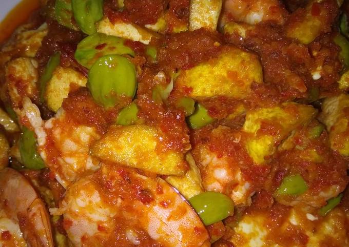 Udang tahu telor Pete bumbu plecing