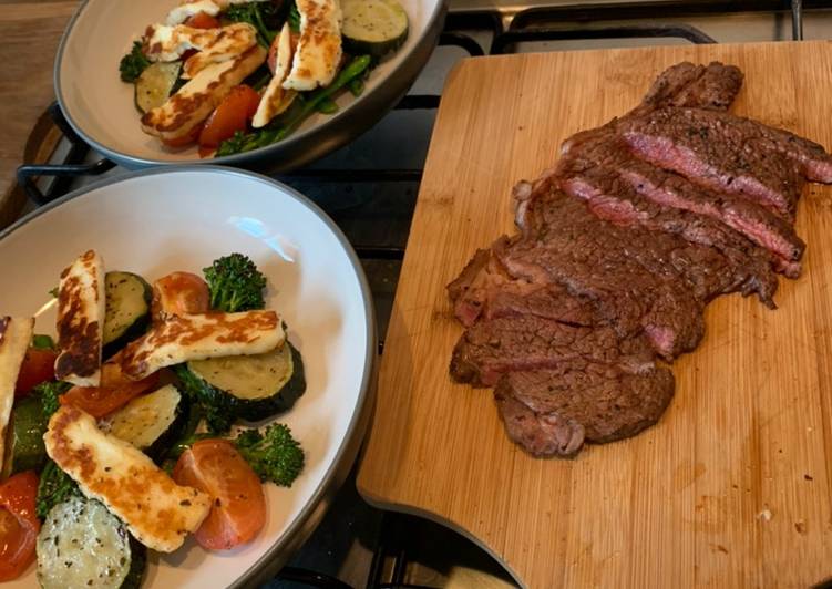 Easiest Way to Prepare Any-night-of-the-week Marinated steak, warm Halloumi and roast vegetable salad