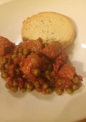 A picture of Trio of meat and pea stew.