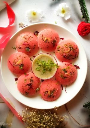 A picture of Valentine's special Rava Idli.