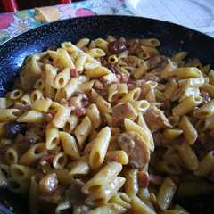 A picture of Mezze Penne Rigate with Mushrooms and Speck.