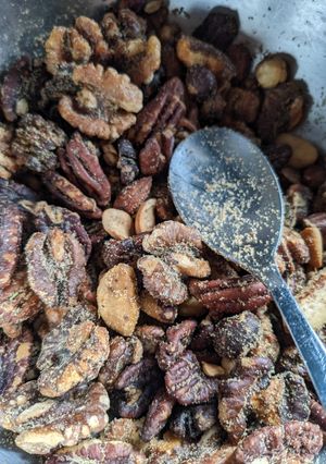 A picture of Air fryer spicy sweet roasted nuts.