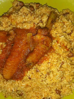 A picture of Rice amd beans with chicken.