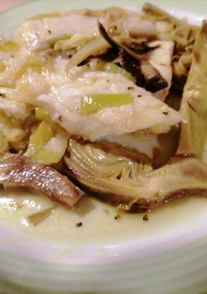 Foto di Baccalà al forno con porri e carciofi
