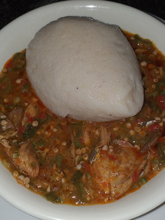 A picture of Maize and cassava swallow with okro soup.