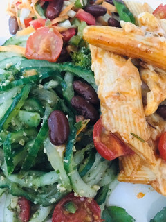 A picture of Penny pasta with zoodlles in spinach pesto #themechallenge.
