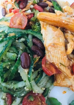 A picture of Penny pasta with zoodlles in spinach pesto #themechallenge.