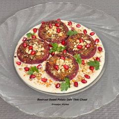 A picture of 🩷🥣 Beetroot Sweet Potato Dahi Tikki Chaat | Colourful & Wholesome Dahi Chaat.