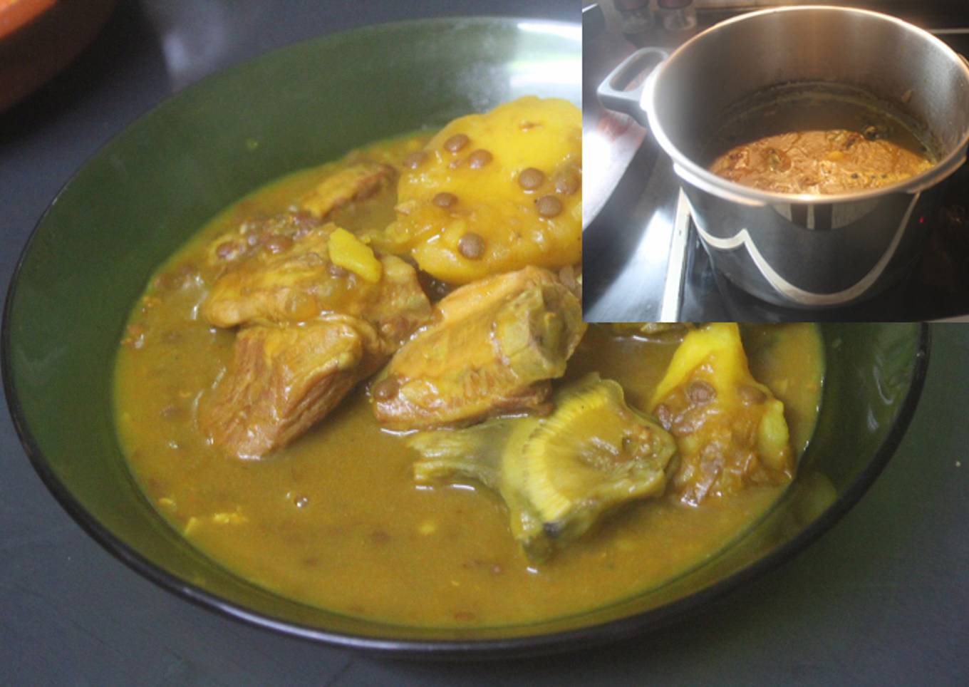 Lentejas con costillas y alcachofas