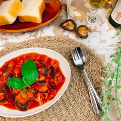 Eggplant and tomato stew with Shiitake powder A picture of Eggplant and tomato stew with Shiitake powder.