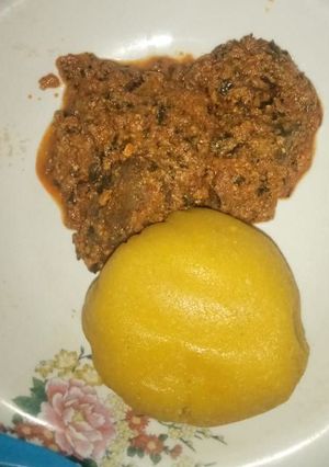 A picture of Eba with egusi soup.