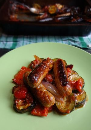 A picture of Oven baked veg & bangers.