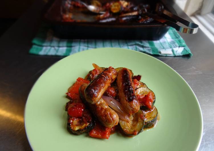 Simple Way to Make Oven baked veg &amp; bangers in 24 Minutes for Mom