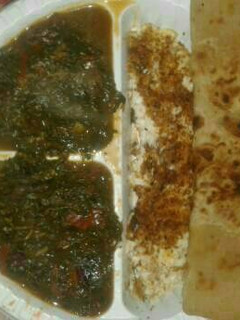 A picture of Terere stew, eggs and chapati.