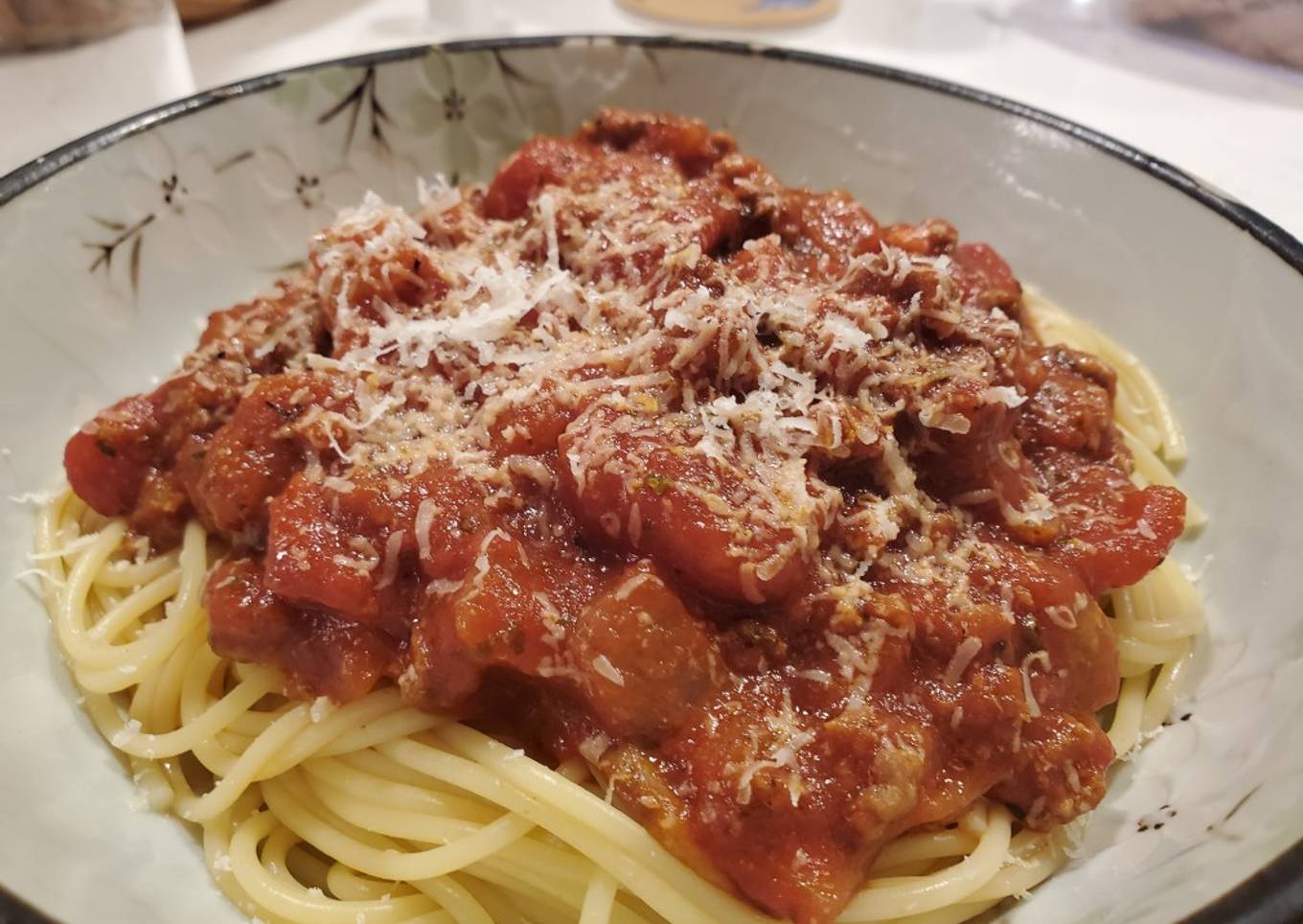 With spaghetti meat sauce