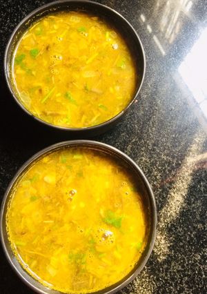 A picture of Plantain flower horse gram soup.