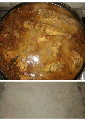 A picture of Raja Rani Fish curry with rice.