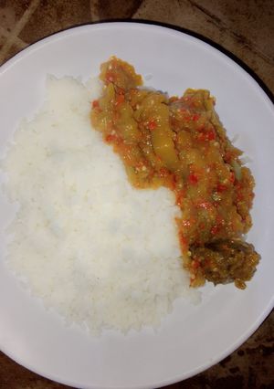 A picture of White rice and garden egg stew.