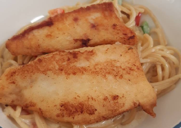 Grilled dory and creamy pasta