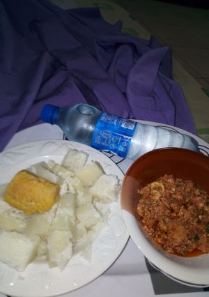 A picture of Boiled Yam and Plantain with Egg Sauce.