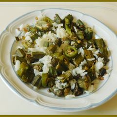 A picture of Rice with Bhindi (Okra)  Stir fry.